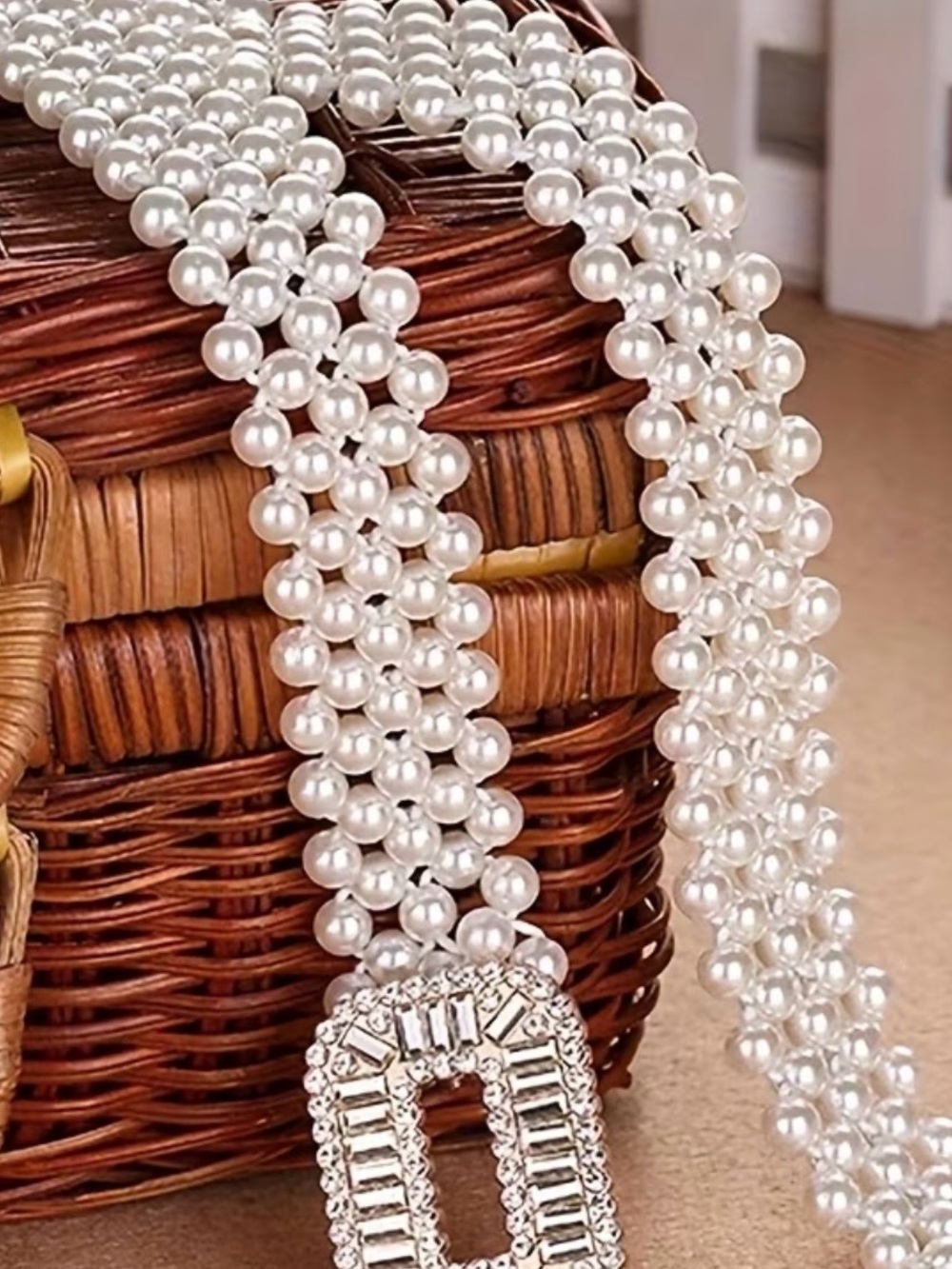 Pearl Multi-Row Rhinestone Buckle Belt - Ivory Pearls